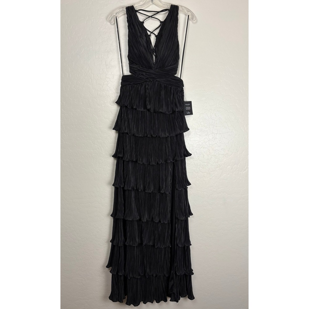 Lulus Beauty Icon Black Satin Pleated Tiered Lace Up Maxi Dress Small NWT 2694